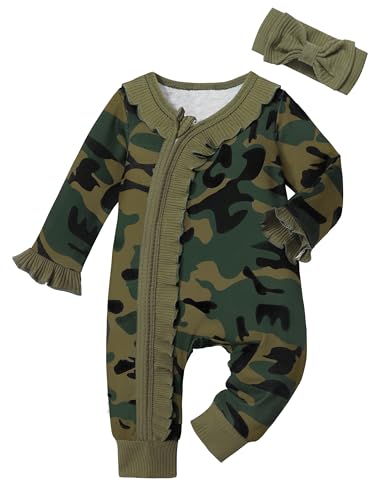 Image of BAVADER Baby Girl Clothes Ruffle Floral Infant Newborn Baby Clothes For Girls Zip Baby Girl Romper Jumpsuit with Headband
