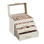 SONGMICS GISELLA Collection - Jewellery Box with Glass Lid, 4-Layer Jewellery Storage Organiser with 3 Drawers, Modern, Gift Idea, Cloud White and Gold Colour, 15.3 x 25.1 x 21.5 cm JBC161W01