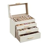 SONGMICS Jewellery Box with Glass Lid, 4-Tier Jewellery Organiser, 3 Drawers, for Sunglasses, Big Jewellery, Jewellery Storage, Modern Style, Cloud White and Gold Colour JBC161W01