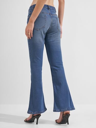 Image of Tokyo Talkies Women Blue Solid Mid Rise Bootcut Jeans