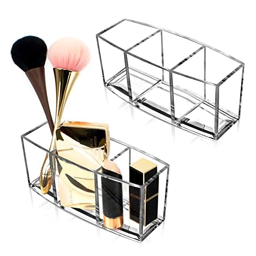 LuluDa 2Pcs Organizador de Cosméticos Transparente, Organizador de Soporte de Brochas de Maquillaje con 3 Compartimentos, Acrílica Caja Clasificadora para Guardar Cosméticos y Productos de Belleza