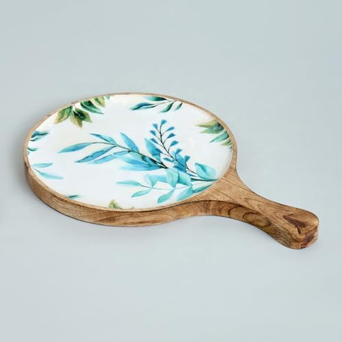 Image of SAAGA White and Aquamarine Mango Wood Pizza Serving Tray - Stylish Round Snack Plate (15x10 Inch) for Kitchen, Home, Cafes & Restaurants