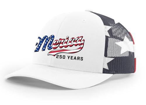 Trenz Shirt Company Mens Patriotic USA Flag Filled Merica Beer Logo 250 Years Embroidered Mesh Back Trucker Hat-White/American Flag