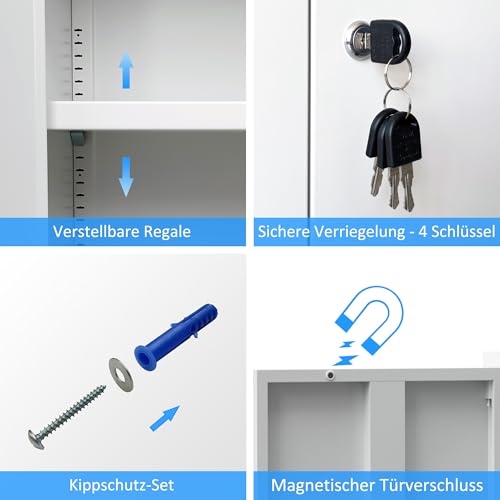 Aktenschrank Büroschrank Lagerschrank Metallschrank Stahlschrank, Aufbewahrungsschrank aus Metall mit verschließbaren Türen und 2 verstellbaren Regalen 92x80x40cm (Weiß, 92H cm)