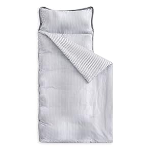 Wake In Cloud – Nap Mat with Removable Pillow for Kids Toddler Boys Girls Daycare Preschool Kindergarten Sleeping Bag, Gray Grey Stripes Printed on White, 100% Cotton with Microfiber Fill