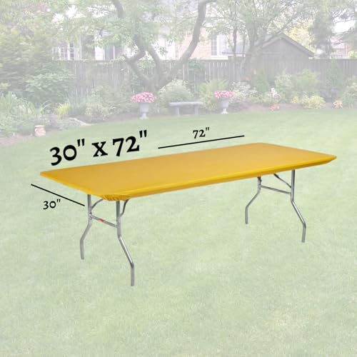 Image of Kwik-Covers 6' Rectangle Plastic Table Covers 30 inch x 72 inch, Bundle of 5 (Gold)