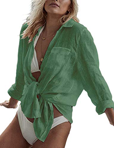 Image of Bsubseach Women Long Sleeve Beach Shirt Blouses Bathing Suit Cover Up Button Down Collar