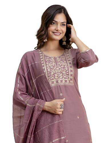 Image of TRENDMALLS Women's Cambric Cotton Embroidery Work Kurta Pant with Dupatta Set