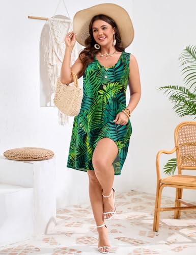 Image of JollieLovin Women Plus Size Summer Sundress Tank Sleeveless V Neck Beach Swing Dress Swimsuit Cover ups(L-5X)