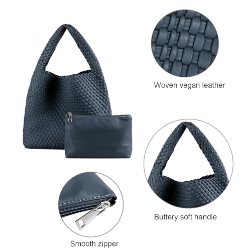 Image of Woven Tote Bag for Women with Purse, Vegan Leather Hobo Bags Large Handmade Underarm Shoulder Bag