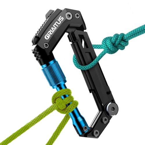 Image of Carabiner Multitool with Pocket Knives, EDC Carabiners, Serrated Knife, Rope Cutter, Screwdriver, Can Bottle Opener, Ruler, Folding Knife for Camping Hiking, Stocking Stuffers Gifts for Men (Blue)