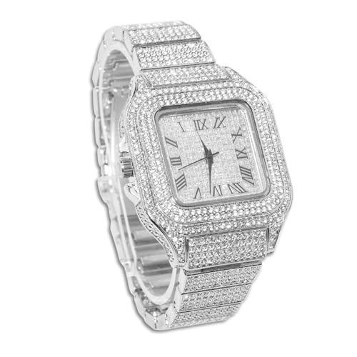 genkigold Orologio con Diamanti per Uomo – Quadrante Quadrato 40mm con Numeri Romani – Placcato in Platino Cinturino 22cm – Quarzo Giapponese – Gioiello di Lusso