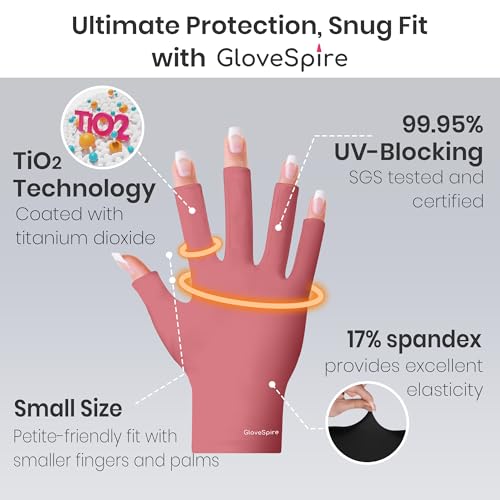 GloveSpire Kleine Hände UV Handschuhe Nägel, Dickere Ausführung UPF50+ UV-Schutz Handschuhe, Fingerloses Design für Gel-Maniküre, schützt vor UVA/UVB-Strahlen von UV-Lampe (XS, Altrosa)