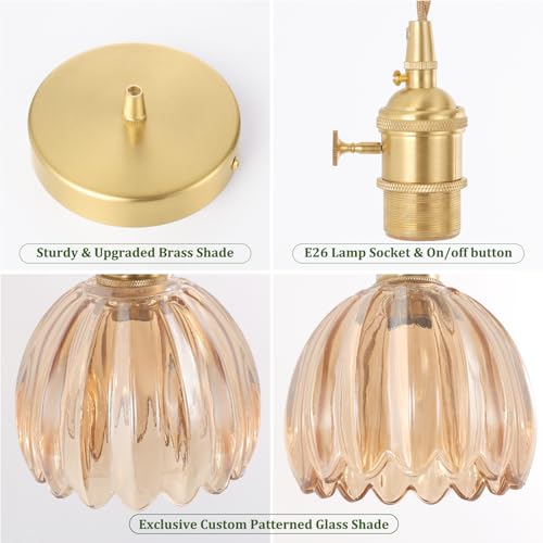 Image of Shenmoyl Pendant Light 2 Pack with Amber Tulip Glass Lmapshade, Brass Vintage Pendant Light Adjustable Hanging Light for Kitchen Island Dining Room Hallway