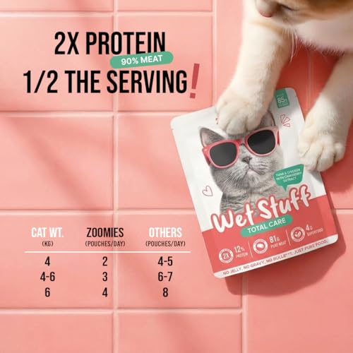 Image of Zoomies Wet Stuff Total Care Cat Wet Food, Tuna & Chicken with Cranberry Extract, 6 x 85g Pouches Pack of 6