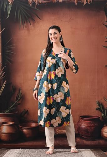 Image of Ichaa Women's Pure Cotton A-Line Ethnic V-Neck Kurta with 3 /4th Sleeve for Daily and Office Wear, in Plus Sizes