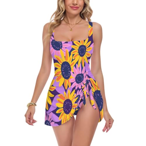 Bañador de verano para mujer con cintura alta y estampado de girasol lavanda