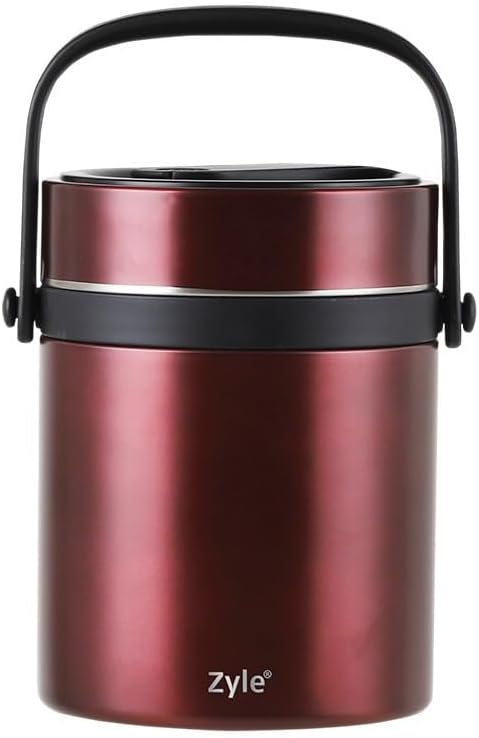 Zyle Vacuum Insulated Food Jar, 1800ml, Stainless Steel, with 2 Leakproof Inner Containers, Folding Spoon, and Shoulder Strap