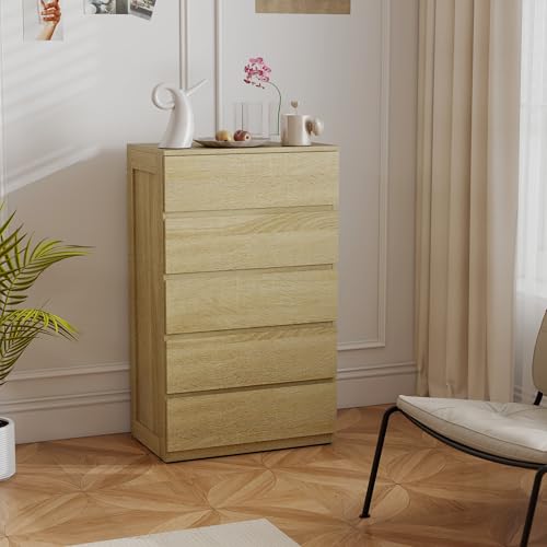 HOMCOM Cómoda 5 cajones, Cómoda con Tiradores ranurados, Cajones Que ahorran Espacio para salón y Pasillo, 60x39x100 cm, Color Madera - imagen 7