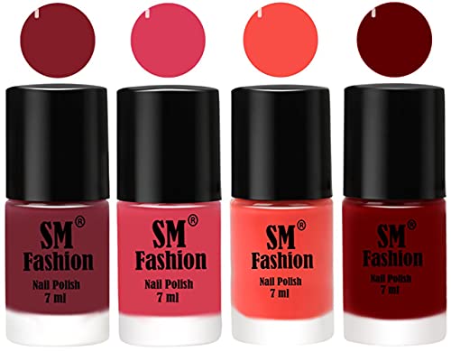 Image of Nail Polish Combo Set (Pack of 4) Quick Dry Gel Finish Nail Paint | Lip,Rose,Coral,Dark Red | 7 ml Each