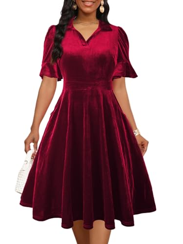 Image of Mokayee Womens Summer Ruffle Sleeve Collared V Neck Fit and Flare Elegant A line Swing Dresses with Pockets