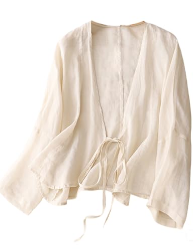 IDEALSANXUN Tie Front Cardigan Tops for Women 2025 Spring Summer Lightweight Linen Shirts Blouse Blazer Jackets, Beige, M