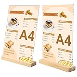 Samamoca 2 Stück Aufsteller A4 Schilderhalter Mit Holzfuß,Tischaufsteller A4,Acryl Tischständer Mit Holzfuß,Acrylic Table Sign Holders,Präsentationsständer Holz(L&T Form - 2 Möglichkeiten)