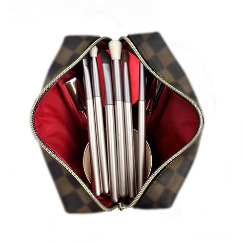 bopomofo Brown Checkered Cosmetic Bag 3 Pack,1 Big Pouch,1 Makeup Brushes Holder, 1 Coin Purse,Portable Travel Makeup Bag Set Lightweight and Waterproof Storage Bag Organizer (Brown Checkered 3 Pcs)4