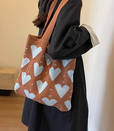Image of Summer Crochet Bags for Women Knitted Beach Tote Bag Cute Heart Pattern Shoulder Handbags and Purse