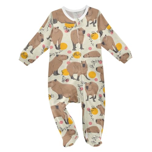 Image of Capybaras Plants Circles Baby One-Piece Footies Long Sleeve Rompers Pajamas Zip Front Pjs for Boys Girls kids 12M