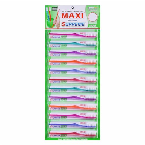 Image of MAXI Supreme Hard Bristle Toothbrush for Adults | Deep Cleaning Plaque & Stain Removal | Long-Lasting Durable Firm Bristles | Comfortable Grip Handle - Pack of 12