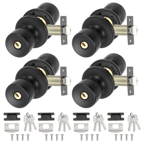 PATIKIL Key Entry Door Knobs Interior, 4 Pack Round Zinc Alloy Bedroom Bathroom Door Knob with Lock Entry Indoor Outdoor Door, Matt Black