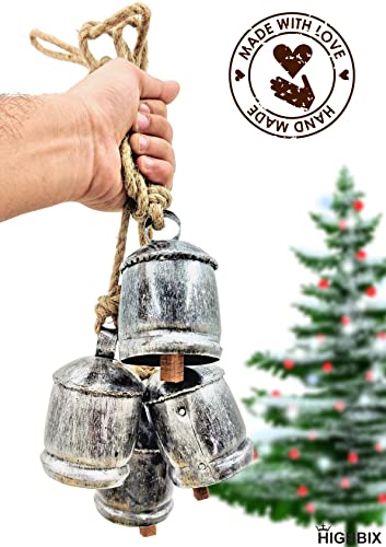 Highbix Harmony 4 Cow Bells Cluster On Rope Large Rustic Vintage Lucky Cow Bells On Rope Wall Hanging Décor (Silver) #TOP2