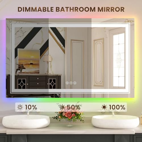 Image of WTTY LED Bathroom Mirror 48 inchx40 inch with RGB Backlit and Front Light,Stepless Dimmable LED Mirror for Bathroom,Colored Lighted Bathroom Vanity Mirror,Anti-Fog,Memory Function,Shatter-Proof