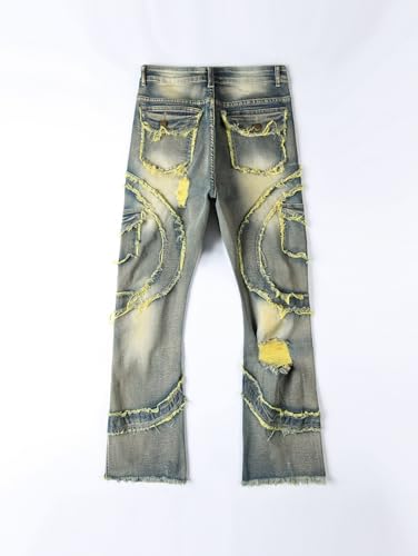 Jeans Pants Trouser Denim Retro Piercing Tear Street Trendy Water Washed Tassel Elastic Micro Horn Holes for Men4