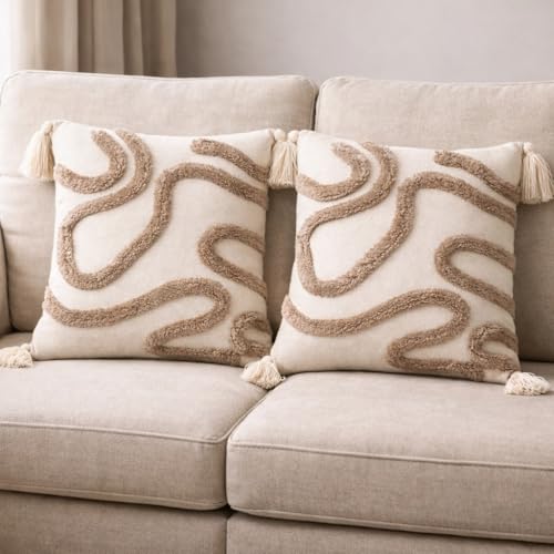 Image of RRC Boho Throw Pillows 16x16 Inch Set of 2 - Soft Mid Century Modern Decorative Pillow Covers, Aesthetic Cushion Cases for Couch, Sofa, Bed & Bedroom Decor (Multicolor, 16X16(Inches))