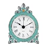 NIKKY HOME Vintage Pewter Quartz Mini Table Clock with Crystal Shining Rhinestone, 2.87 x 1.37 x 3.87 Inches, Aqua