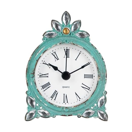 NIKKY HOME Vintage Pewter Quartz Mini Table Clock with Crystal Shining Rhinestone, 2.87 x 1.37 x 3.87 Inches, Aqua