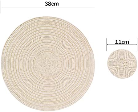 Woven Round Placemats Set, 4 Pcs 38cm Table Cotton Placemats and 4 Pcs 11cm Coaster, Heat Resistant Washable Table Mats for Kitchen, Dining Table (Beige)