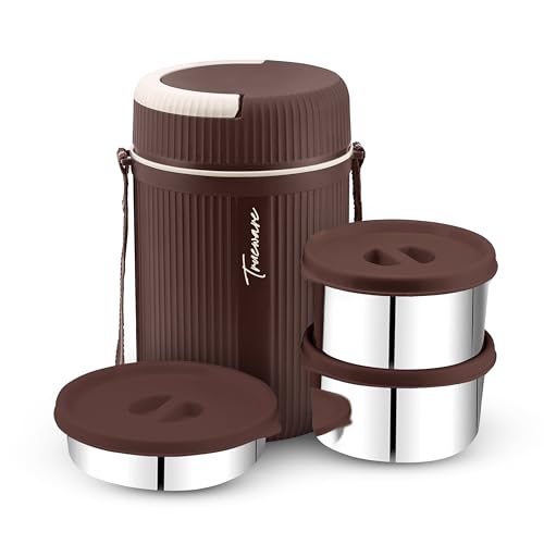 Image of Trueware Plastic GRUB 2 Double Wall Insulated Hot Lunch Box with 2 SS Container 300 Ml Each & 1 SS Container 200Ml | BPA Free | Food Grade | Hot and (LBI-GRB-002-Brown BAZ)