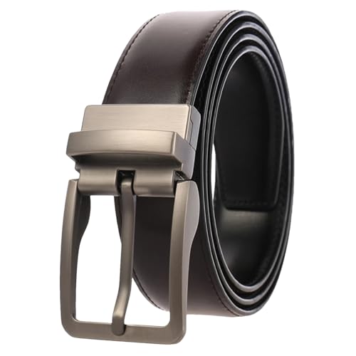 Men's Leather Belt 130cm Reversible Cowhide Strap with Alloy Pin Buckle Gold and Silver for Jeans or Trousers