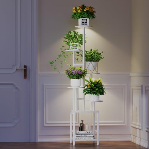 Image of Homsorout Plant Stand Indoor with Grow Light, 6-Tiered Tall Plant Stand Indoor, Metal Plant Shelf with Hanging Basket Hook and Adjustable Light, Ideal for Living Room, Garden, Round Patio white