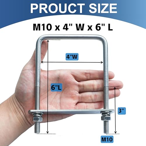Image of 2 Pcs M10 Square U Bolts 4 Inch Wide, 3 /8 inch x 4 inchW x 6 inch L | 304 Stainless U Bolt Heavy Duty with Nuts, Bolt Plate and Washers,4 inch u bolt,Metric bolts