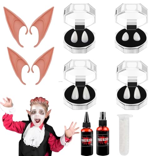 LKPUPKJ Colmillos Vampiro Dientes Falsos, 4 Pares Dientes de Vampiros, 2 Pares Orejas de Elfo, Dentadura Postiza Halloween, Latex Orejas Elfo, Vampiro Dentadura Falsa Disfraz Colmillos