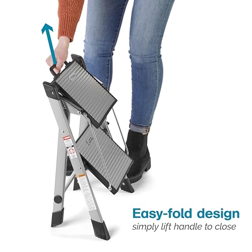 Image of Polder Easy-Close Aluminium 2-Step Stool, Ladder with Non-Skid Feet, Folding Step, Top Step Height - 1.4 feet
