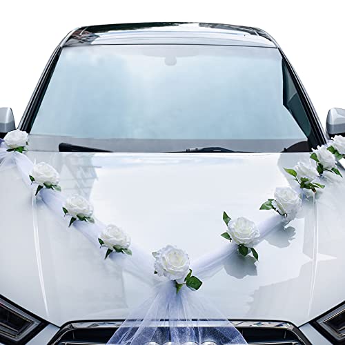 AolKee Décoration Voiture Mariage, Kit de décoration de Voiture de Mariage, Fleurs artificielles Blanches et Ruban Blanc pour Voiture de Mariage, décoration de Voiture de Mariage