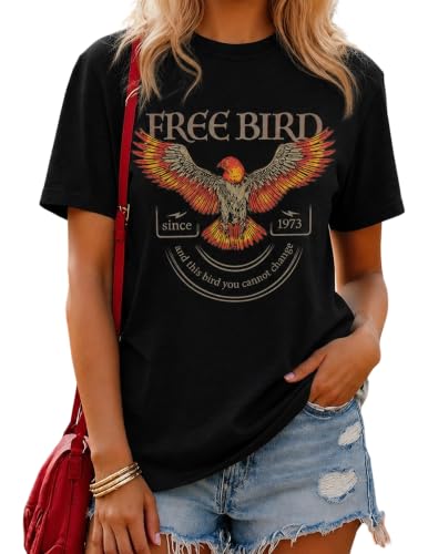 LETSEE Short Sleeve Shirts for Women Free Bird Vintage Rock Graphic Tees Casual Crewneck Tops Summer Rock Tee