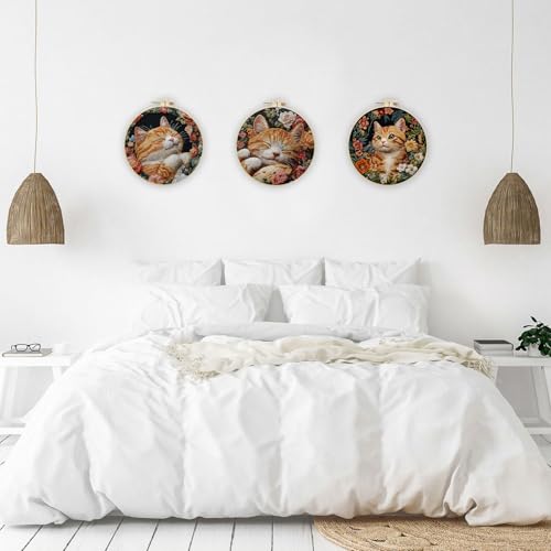 Image of EOBTAIN Orange Cat Embroidery Kit for Beginners, Cute Animal with Floral Embroidery Starter Kit,3 Pcs Flower Botanical Stamped Pattern with Hoop,Thread,Needles,Hand DIY Craft Kits for Adults