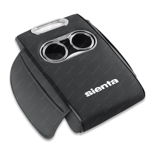 シエンタ 車用アームレスト クッション シエンタ 10系 車用多機能アームレストクッション アイスシルク×レザー素材 高密度スポンジ内蔵 肘置きクッション カップホルダー付き ティッシュボックス収納 サイドポケット付き車内インテリアアクセサリー(ブラック)