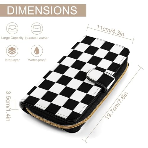 Black White Race Checkered Flag Pattern Leather Wallets Large Capacity Zipper Pocket Card Holder with ID Window2